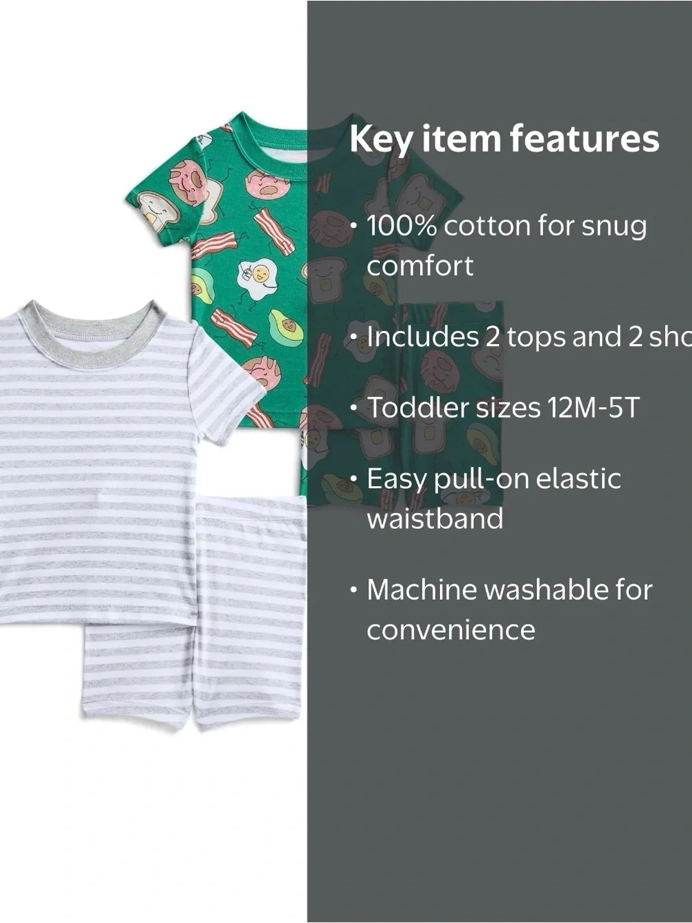 wonder nation Green Breakfast-Print & Gray Stripe Short Sleeve Pajama 2-Pack